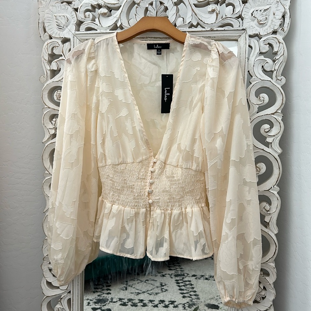 Lulus cream sheer bell sleeve top